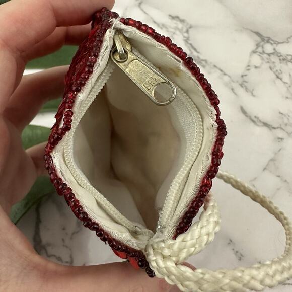 Vintage 80s Sequin Coin Pouch Mini Bag Red Heart Music Notes Beaded Shiny - Picture 4 of 4